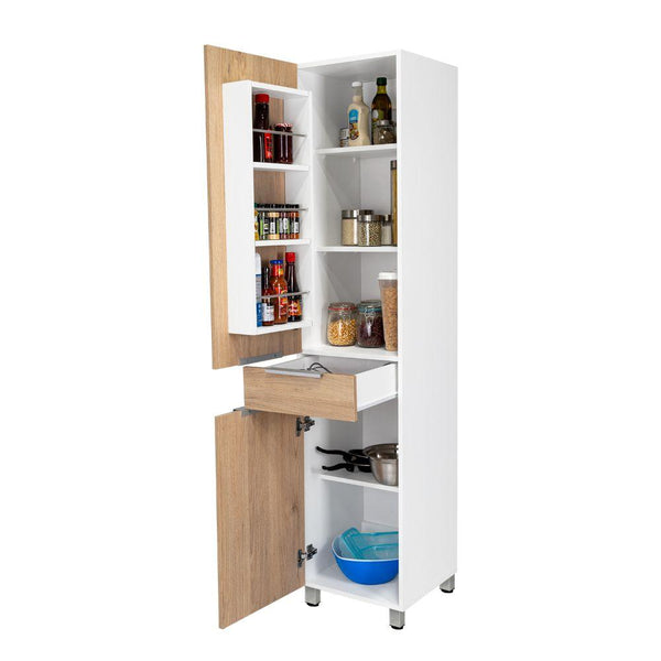 Alacena Amir, Blanco y Beige, con Una Puerta Abatible con Almacenamiento Extra y Patas de Acero - VIRTUAL MUEBLES