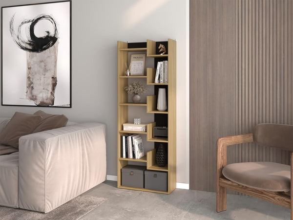 Biblioteca Clover, Fresno Europeo y Wengue, con espacios para guardar y poner objetos