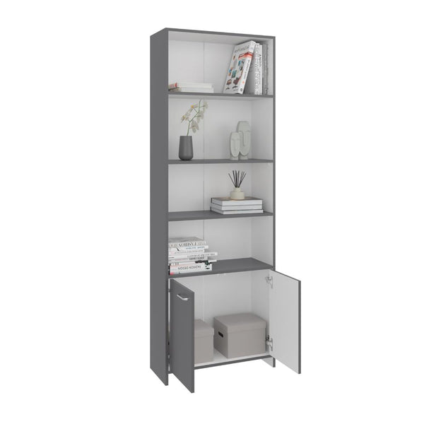 Biblioteca Milán, Plata Oscuro y Blanco, con Dos Puertas Abatibles y Cuatro Entrepaños ZF