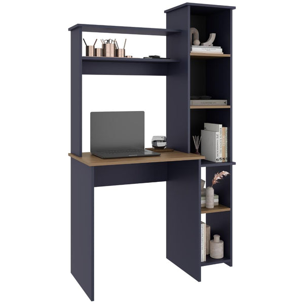 Escritorio Cerín, Azul y Kronos Fresno, con Seis Entrepaños y Gran Espacio de Almacenamiento