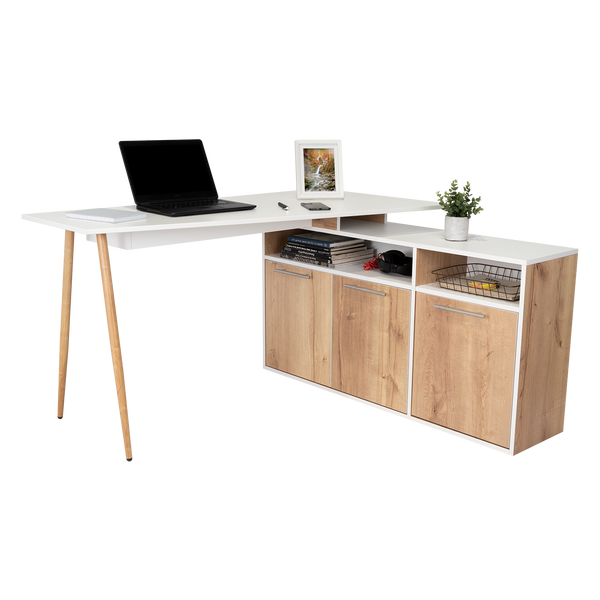 Escritorio En L Singapur, Café Claro y Blanco, con Tres Puertas Batientes