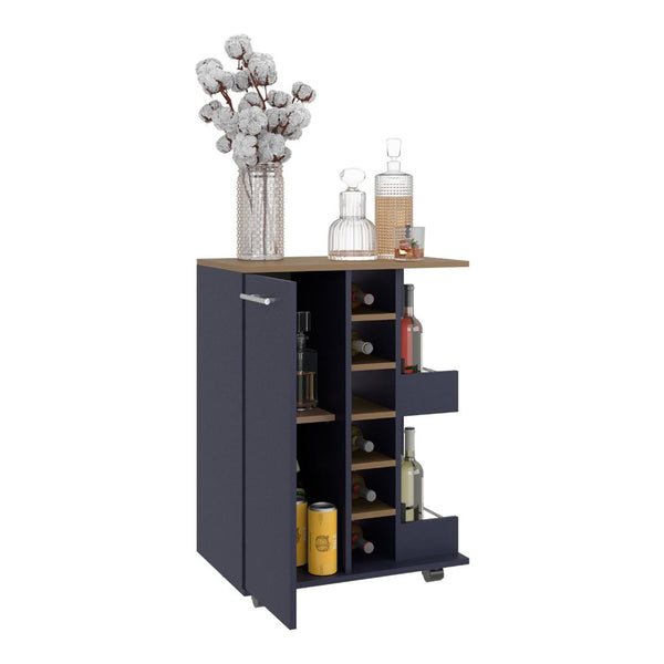 Bar Cart Argus, Azul y Fresno Kronos, con Espacio Para Botellas y Porta Copas