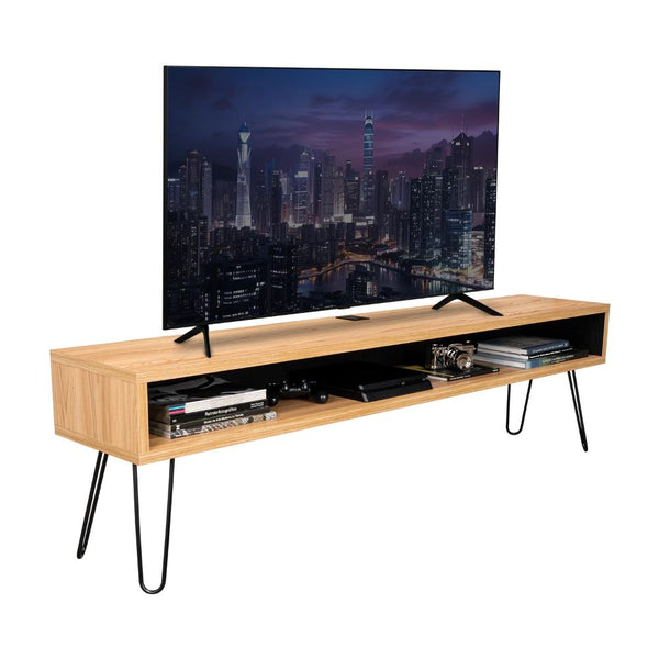 Mesa Para Tv Ralf, Fresno Europeo y Wengue, con patas metálicas y espacio de tv hasta 70 pulgadas